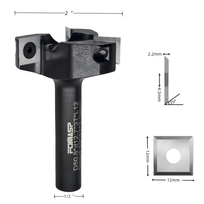 FomaSP CNC Spoilboard Surfacing Router Bit,1/2"(12.7mm) Shank,2"(50.8mm) Cutting Diameter,Slab Flattening Router Bit,Replaceable Carbide Inserts Wood Planer Bit with 3 Wings for Woodworking. - Image 2